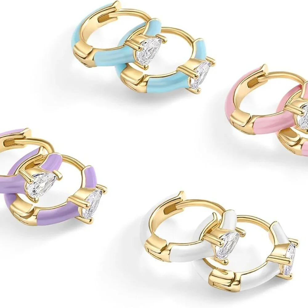 14K Gold Plated Sterling Silver Hoop Earrings Colorful Cubic Zirconia Women